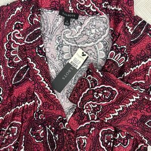 NWT Talbots Top Women's SMALL Black Pink White Paisley Faux Wrap 3/4 Rayon Blend
